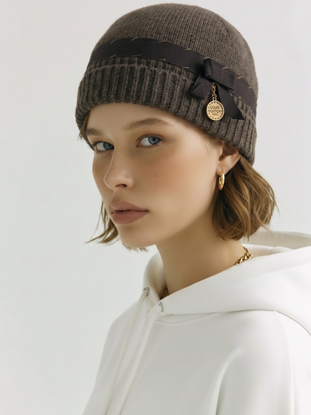 Louis Vuitton Taupe Knit Beanie with Ribbon and Gold LV Charm
